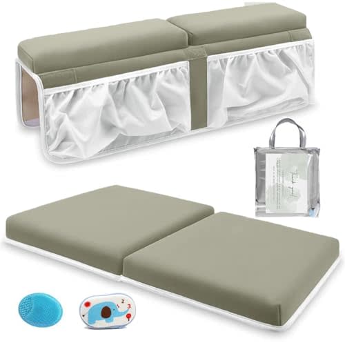 2 inch Thickest Baby Bath Kneeler and Elbow Rest Pad Set with Sponge, Scrub & Bag | Non-Slip & Quick Drying Knee and Elbow Mat for Baby Bath with 4 Pockets & 8 Suction Cups for Grip