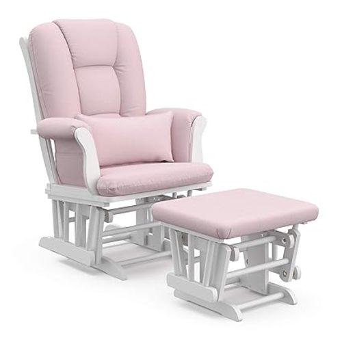 Storkcraft Tuscany Custom Glider and Ottoman with Free Lumbar Pillow (White/Pink Blush Swirl) - Cleanable Upholstered Comfort Rocking Nursery Chair with Ottoman
