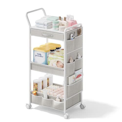 BBLIKE Diaper Caddy Organizer, Baby Cart with Basket and Side Pockets | Large Capacity, Diaper Station, Wood and Metal Frame, Lockable Wheels, Multi-Function Cart for Bedroom and Bathroom, White