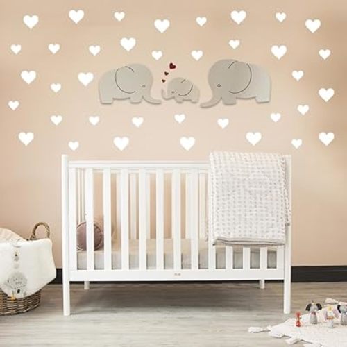 BugyBagy Hand-Painted Elephant Family Wall Lamp Set – Nursery Baby Lamps + 62 White Heart Wall Stickers – Baby Room Decor & Shower Gift