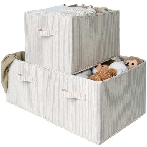StorageWorks Foldable Shelf Organizer Bins, Closet Storage Baskets for Clothes, Storage Bins for Organization, Beige Stripes, 3-Pack, Extra Large