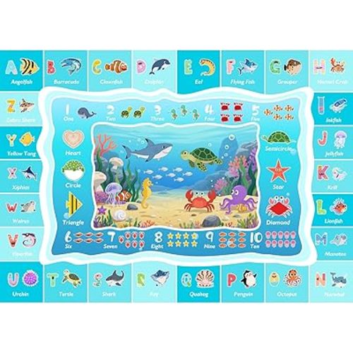 ABC Kids Ocean Rug for Playroom, 5x7ft Alphabet Classroom Rug, Educational Kids Play Mat with Number Shape Animal, Learning Area Rug for Nursery Bedroom Kidsroom, Colorful Non-Slip Washable