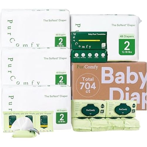 PurComfy Baby Diapers Essential Kit, 4 Pack Size 2 Diapers (192 Ct), 6 Baby Wipes (360Ct), 4 Travel Pack Wipes (32Ct) and 2 Dry Wipes (120Ct), All in One Newborn Essentials Kit, Total 704 Ct
