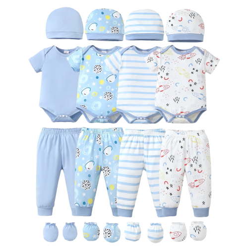 KIMI BEAR Newborn Baby Boys Outfits Sets 4 Packs 3-6 Months Summer Clothes Sets Short Sleeves Romper Top Elastic Pants with Hats and Gloves 16pcs Layette Essentials Blue