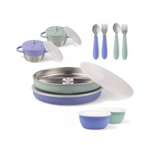 Stainless Steel Mealtime Bundle | Plates, Bowls, Snack Cups + Toddler Utensils | Normal Sleeves | Sage/MistyBlue