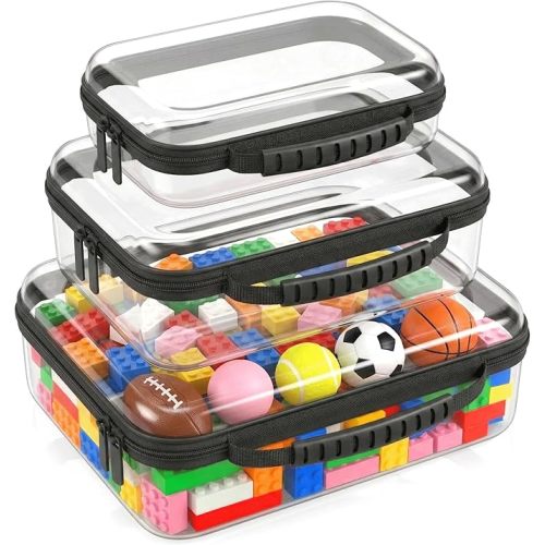 Large Toy Storage Bags with Handle,Clear Hard Shell Zipper Case, 3 Pcs Travel Toiletry Bag,Waterproof toys storage and Organizer Bags for Puzzles,Diapers,Cosmetics,Reusable Organizer Pouch(Black1)