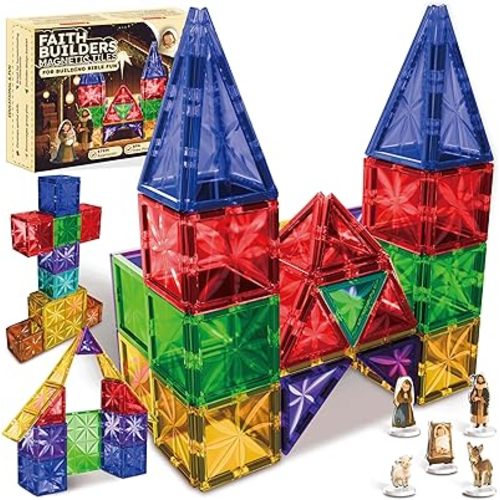 Faith Builders Magnetic Tiles – 80 PCS Christian Toy Set with Bible Figurines – Build a Church, Cross & Nativity Barn – STEM Learning Magnetic Blocks for Kids Ages 3+