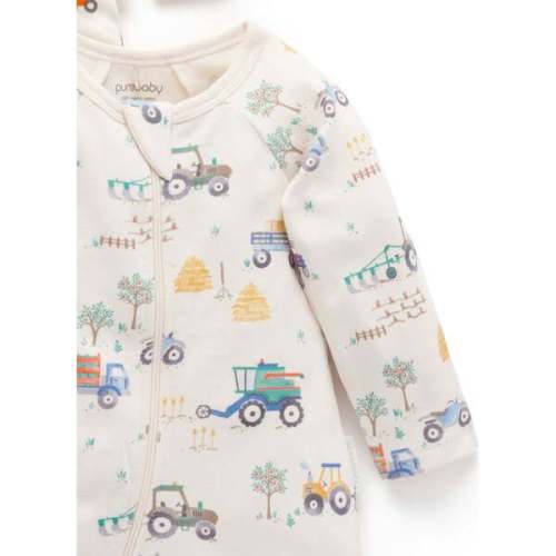 Printed Zip Footie 2 Pack Farm Vehicles Print - Purebaby | Maisonette
