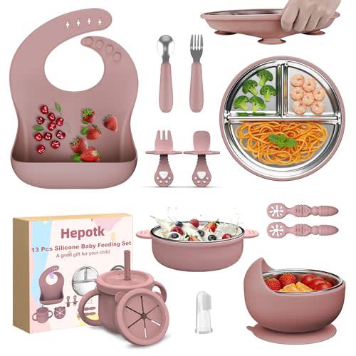 13 Pack Silicone Baby Feeding Set, BPA-Free Stainless Steel Toddler Feeding Supplies, Include Suction Plates, Baby Bowls, Silicone Fork & Spoon, and More, First Stage Baby Dish Set - 6+ Months