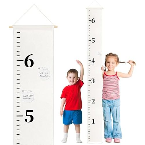 Knitgrip 102 Pcs Canvas Growth Chart for Kids Baby with a Marker, 50 Round Labels and 50 Pin, 79" x 8" Height Measurement Ruler Hanging Removable Growth Tracker Fabric Boy Girl Room Nursery Wall Decor