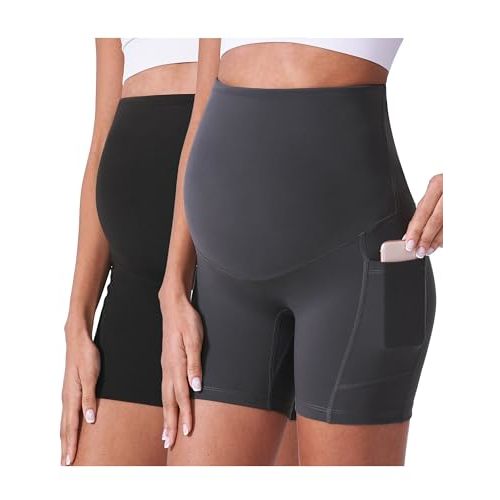 POSHDIVAH Maternity Shorts for Women Over Belly Biker Summer Pregnancy Workout Yoga Active Running Short Leggings 5"