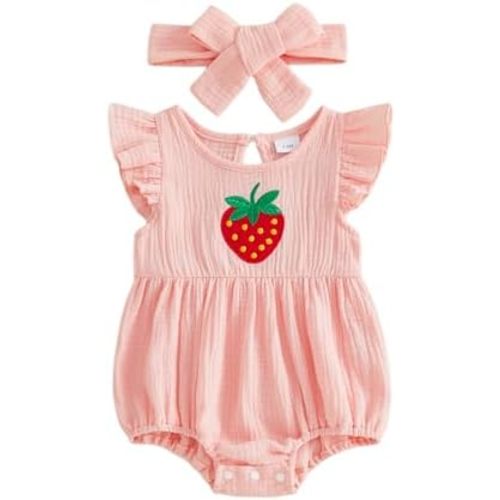 Amnnchya Newborn Girls Clothes Baby Girl Bubble Romper Infant Strawberry Jumpsuit Cute Fly Sleeve Summer Smocked Outfits