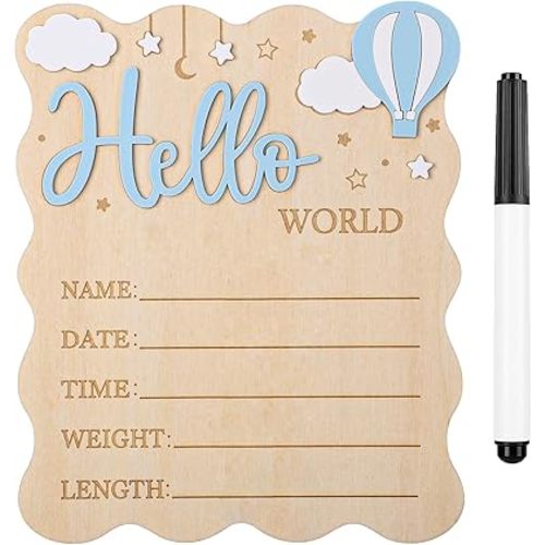 Baby Announcement Sign,Wooden Hello World Newborn Signs Birth Announcement Sign and Pen for Baby Shower Hospital Nursery Newborn Boys and Girls (Blue)