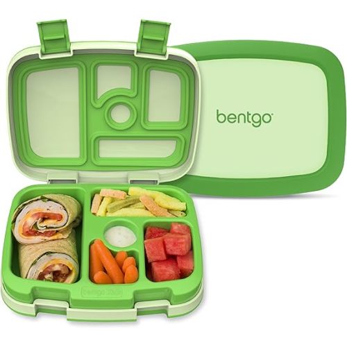 Bentgo Kids Bento-Style 5-Compartment Leak-Proof Lunch Box - Ideal Portion Sizes for Ages 3 to 7 - Durable, Drop-Proof, Dishwasher Safe, PFAS & BPA-Free & Made with Food-Safe Materials (Green)