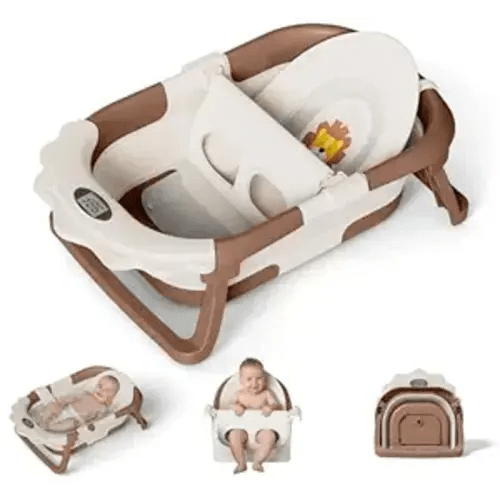 MoreFeel Foldable Baby Bathtub with Thermometer - 4-in-1 Grow-with-Me Collapsible Infant Tub (Newborn to Toddler) with Adjustable Mesh Sling - Space Saving Design