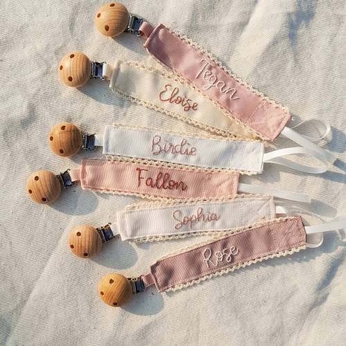 Personalized pacifier clip holder, Personalized fabric pacifier clip with wooden clip,hand embroiered name,baby shower gift