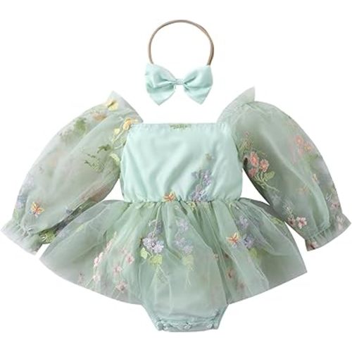 ODASDO Newborn Baby Girl Romper Dress Flower Embroidery Tutu Princess Long Sleeve One-Piece Bodysuit Cake Smash Outfit