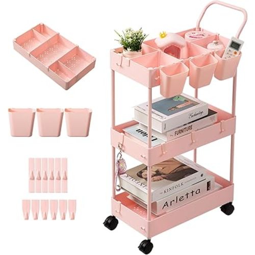danpinera Slim Storage Cart, 3 Tier Narrow Rolling Cart on Wheels Bathroom Organizer with Dividers Handle Hanging Cups Hooks for Laundry Room Kitchen Small Spaces, Pink