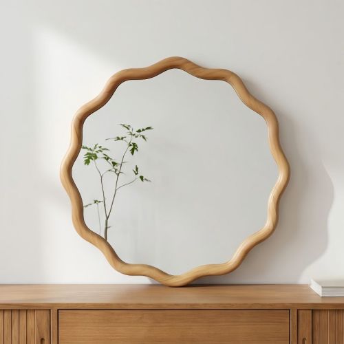 24" Round Wall Mirror, Oak Wavy Wood Frame Accent Mirror, Decorative Vanity Mirror for Entryway, Bathroom, or Living Room-Panipeachy
