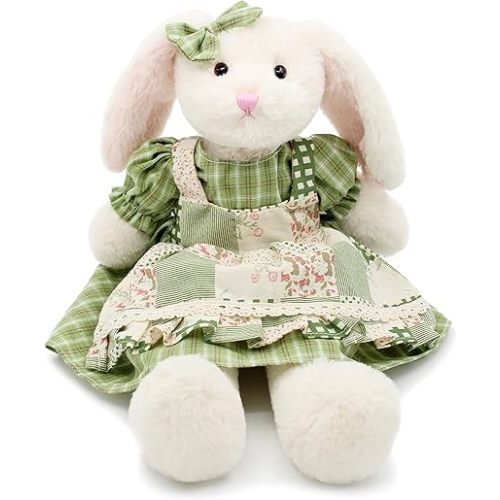 Small Soft Stuffed Animal Bunny Rabbit Plush Toy for Baby Girls 15inch (White Rabbit Wearing Green Plaid Dress)