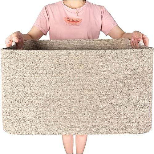 Toy Basket MINTWOOD Design 22in Extra Large Blanket Basket Holder Living Room, Rectangle Rope Woven Storage Basket with Handles for Laundry, Pool Towels, and Shoes, Dog Toy Organizer Bin Box, Oatmeal Brown