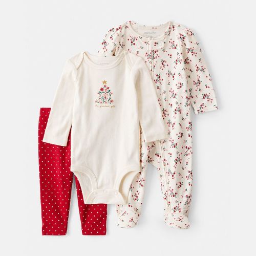 Baby Girl Carter’s 3 Piece Christmas Long Sleeve Bodysuit, Pant and Sleep & Play Pajamas Set