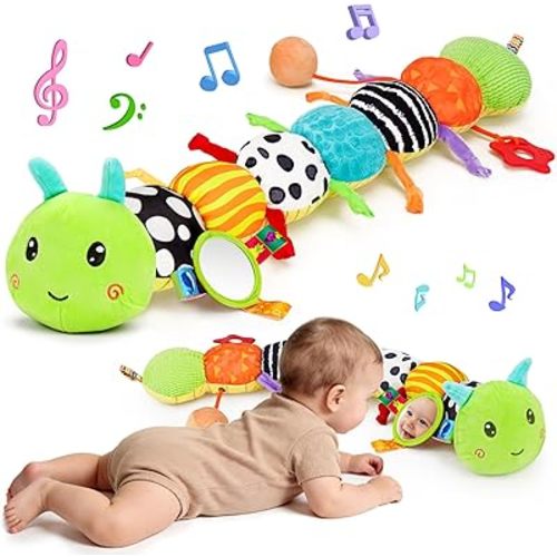Baby Sensory Toy 0-6 Month Music Animal Stuffed Plush Caterpillar Toy for Infant 0-3-6-12 Month Old Tummy Time with Mirror Crinkle Rattle Toys for Newborn Boys Girl Shower Gifts Easter Basket Stuffer