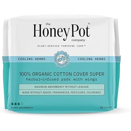 The Honey Pot Company - Herbal Pads for Women - Super Pads w/Wings - Infused w/Essential Oils for Cooling Effect, Organic Cotton Cover, & Ultra-Absorbent Pulp Core - Feminine Care - FSA & HSA - 16 ct