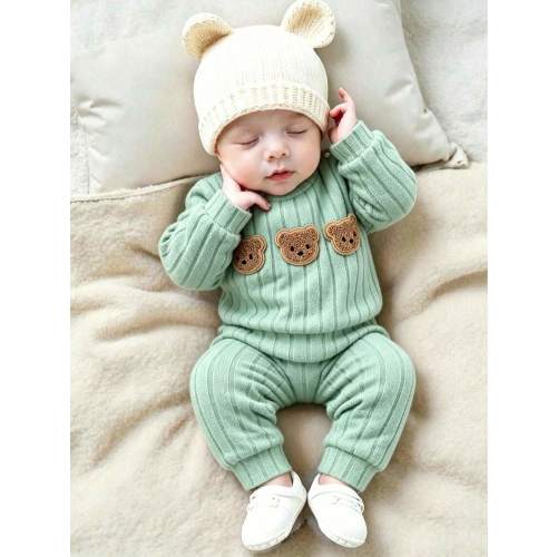 SHEIN 2pcs/Set Korean Style Ribbed Brushed Texture Newborn Baby Cartoon Bear Embroidered Sweatshirt & Long Pants Outfit Set, Cute Fashionable Comfortable Playful Fitted Long Sleeve Casual Baby Clothes | SHEIN USA