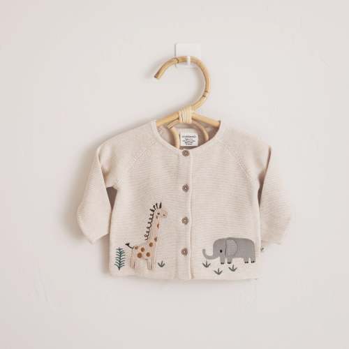 Animal Safari Embroidered Organic Baby Cardigan Sweater - 3-6m