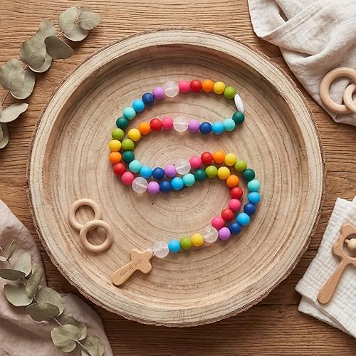 Misdary Baby Rosary Baptism Gift Silicone God Bless Kids First Rosary with Cross 1st Year Baptism Party Supply for Baby Shower Christian Communion Gifts (Rainbow,Square)