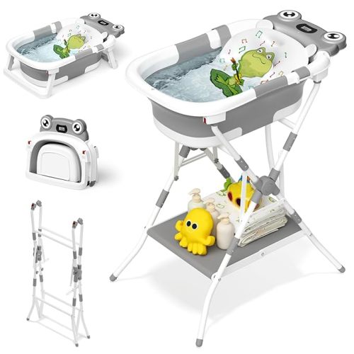 BUNWAG Foldable Baby Bathtub with Stand, 2-in-1 Portable Infant Bath Tub for Newborns and Toddlers, Ergonomic Height for Back Protection& Compact Storage Design