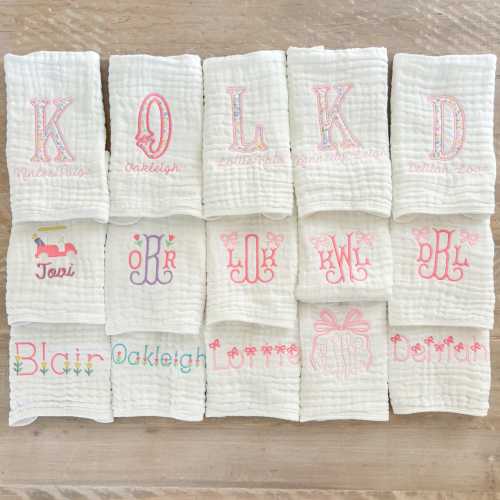 Baby Girl Custom Embroidered Muslin Burp Cloths & Bibs for Newborn | Baby Shower Gift | Monogram and Name Personalization