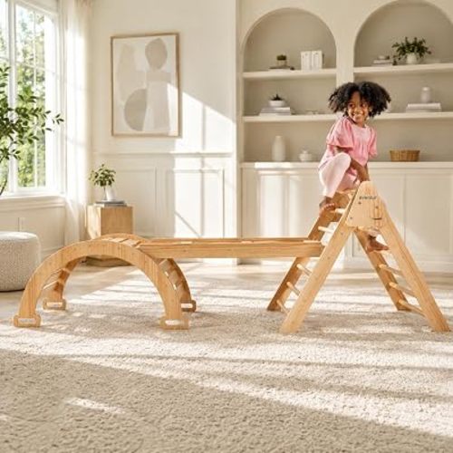 Avenlur 5-in-1 Pikler Triangle Set – Hazel Montessori Indoor Jungle Gym – Climbing Triangle, Waldorf Rocker, Toddler Indoor Climbing Toys, & Slide – Wooden Indoor Playground Playset, Ages 2-7