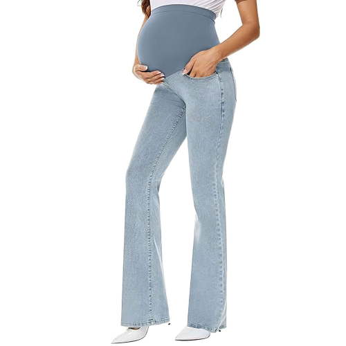 Deago Women's Stretch Maternity Bootcut Jeans with Pockets Over The Belly Bell Bottoms Flare Denim Pants Pregnancy Clothes (Light Blue, M)
