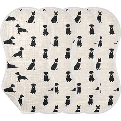 4 Pack Muslin Burp Cloths Dogs Beige Cotton Baby Burp Cloths Absorbent Soft Burping Cloth Washcloths for Newborn Babies Boys Girls 22x11 Inch