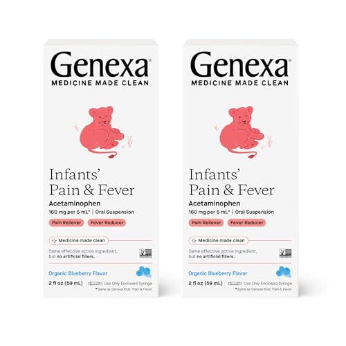 Genexa Infants’ Pain and Fever Reducer | Baby Acetaminophen, Dye Free, Liquid Oral Suspension Medicine for Infant | Delicious Organic Blueberry Flavor | 160 mg per 5mL | 4 Fluid Ounces (2 Pack)