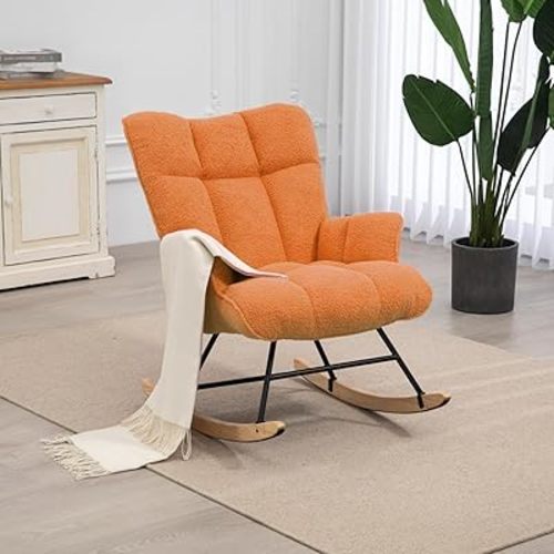 Rocking Chair Nursery Teddy, Upholstered Baby Fluffy Glider Rocker for Adults Indoor, Comfy Sherpa Compact Nursing Chairs for Small Spaces, Living Room, Classroom, Bedroom, Orange
