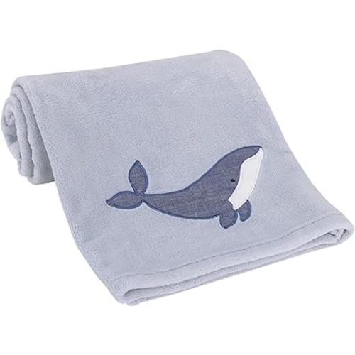 NoJo Marine Light Blue, Navy, and White Whale Applique Super Soft Baby Blanket
