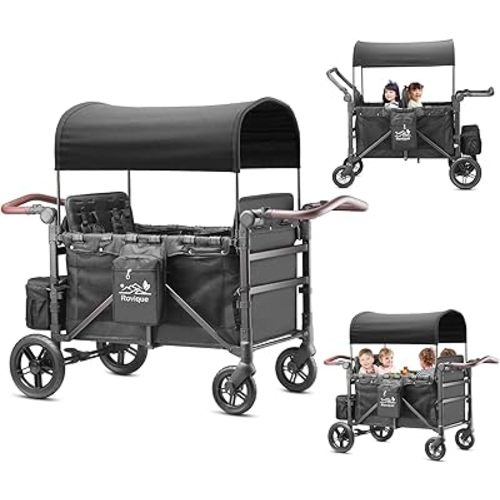 Wagon Stroller for 4 Kids – Includes Adjustable Canopy, Convertible Seats, Snack Tray, Parent Organizer, 5-Point Harness, Push/Pull Adjustable Handle