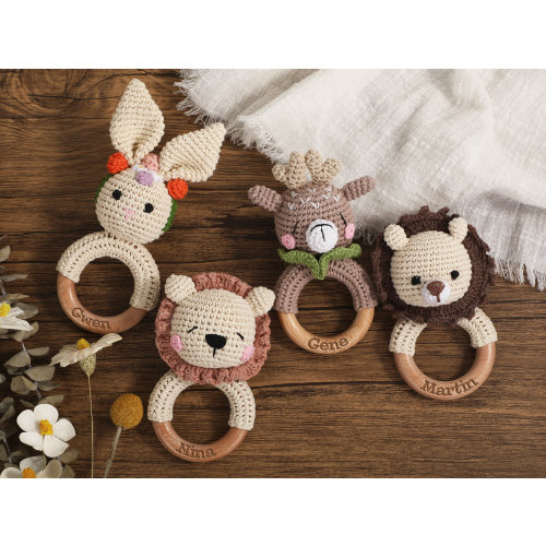 Personalized Animal Baby Rattle,Custom Wooden Baby Rattle,Engraved Rattle With Name,Baby Shower Gift,Newborn Gift,Wooden Rattle Ring