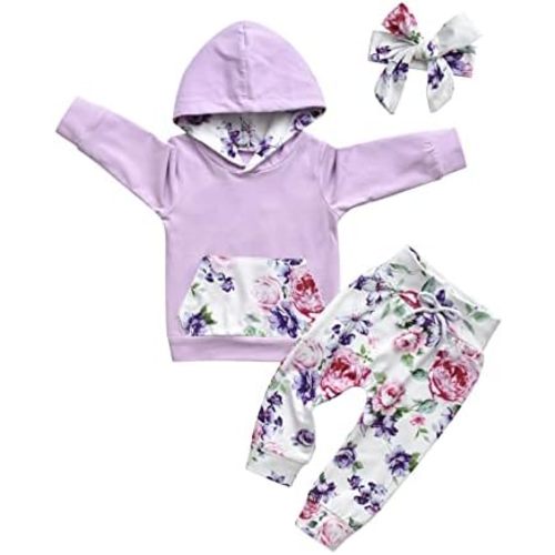 Infant Baby Girl Clothes Toddler Floral Hoodie Sweatshirt Tops with Pocket Pants Headband 3Pcs Outfits Set