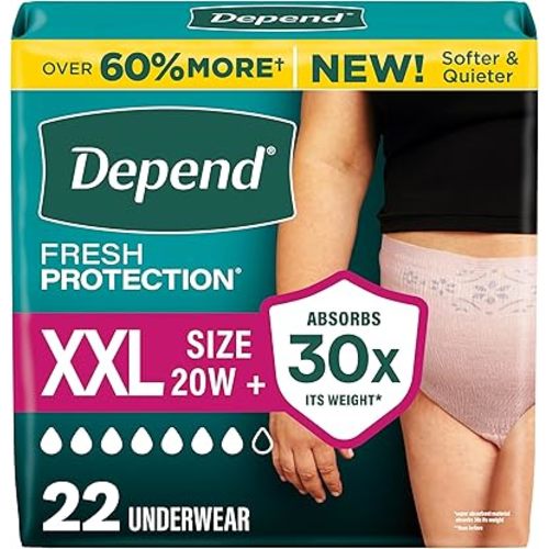 Depend Fresh Protection Adult Diapers, Incontinence Underwear for Women, Disposable, Maximum, XXL, Blush, 22 Count, Packaging May Vary