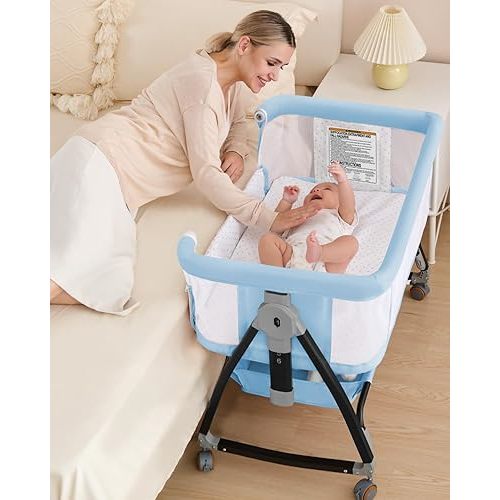 3 in 1 Baby Bassinet, Bedside Crib with Breathable Mesh, Bassinet Bedside Sleeper with Wheels, Mosquito Net, Storage Basket, 6 Height Adjustable, Easy to Fold, Dark Black