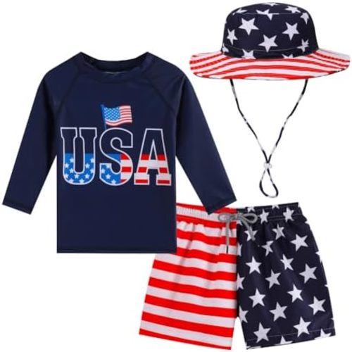Baby Boys Swimsuit, 3-Piece Toddlers Swimsuit Trunk Long Sleeve Rashguard Swimwear and Sun Hat Set
