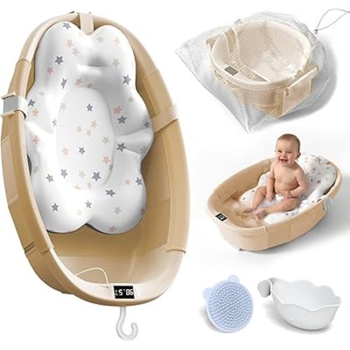 Collapsible Baby Bathtub - Large Baby Bath Tub with Thermometer | Bath Essential Bañera para Bebe Easy Fold Baby Tub | Travel Infant Newborn Toddler Bathtub for Baby Girl Boy 0 to 36 Months(Khaki)