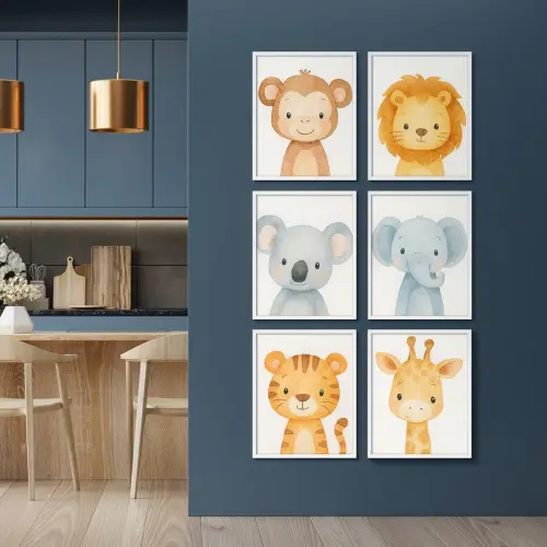 Adorable Safari Baby Animal Framed Wall Art Set of 6 - Watercolor Monkey Lion Koala Elephant Tiger Giraffe Prints for Nursery Decor