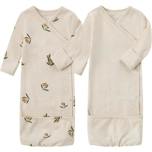 O2 BABY 100% Organic Cotton Kimono Gown with Mittens & Fold-Over Pouch
