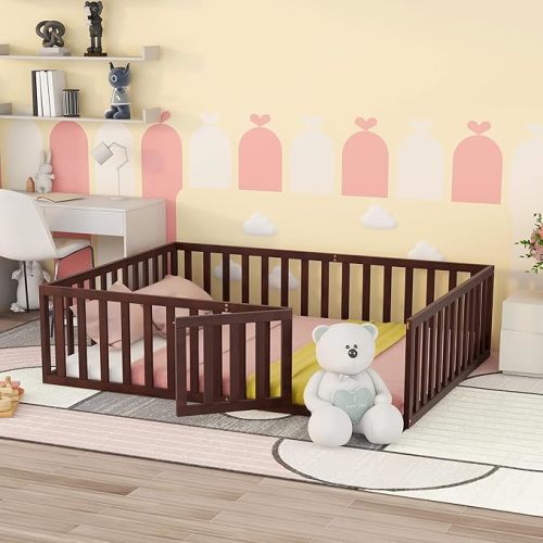 Walnut Fence, Wooden Playpen Bed with Door, Fence-Shaped Guardrails, Kids Play Fence Bed, Easy Assembly (Walnut)