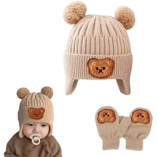 Toddler Winter Hat and Mittens Set, Knit Warm Baby Winter Beanie and Gloves for for Infant Boys Girls